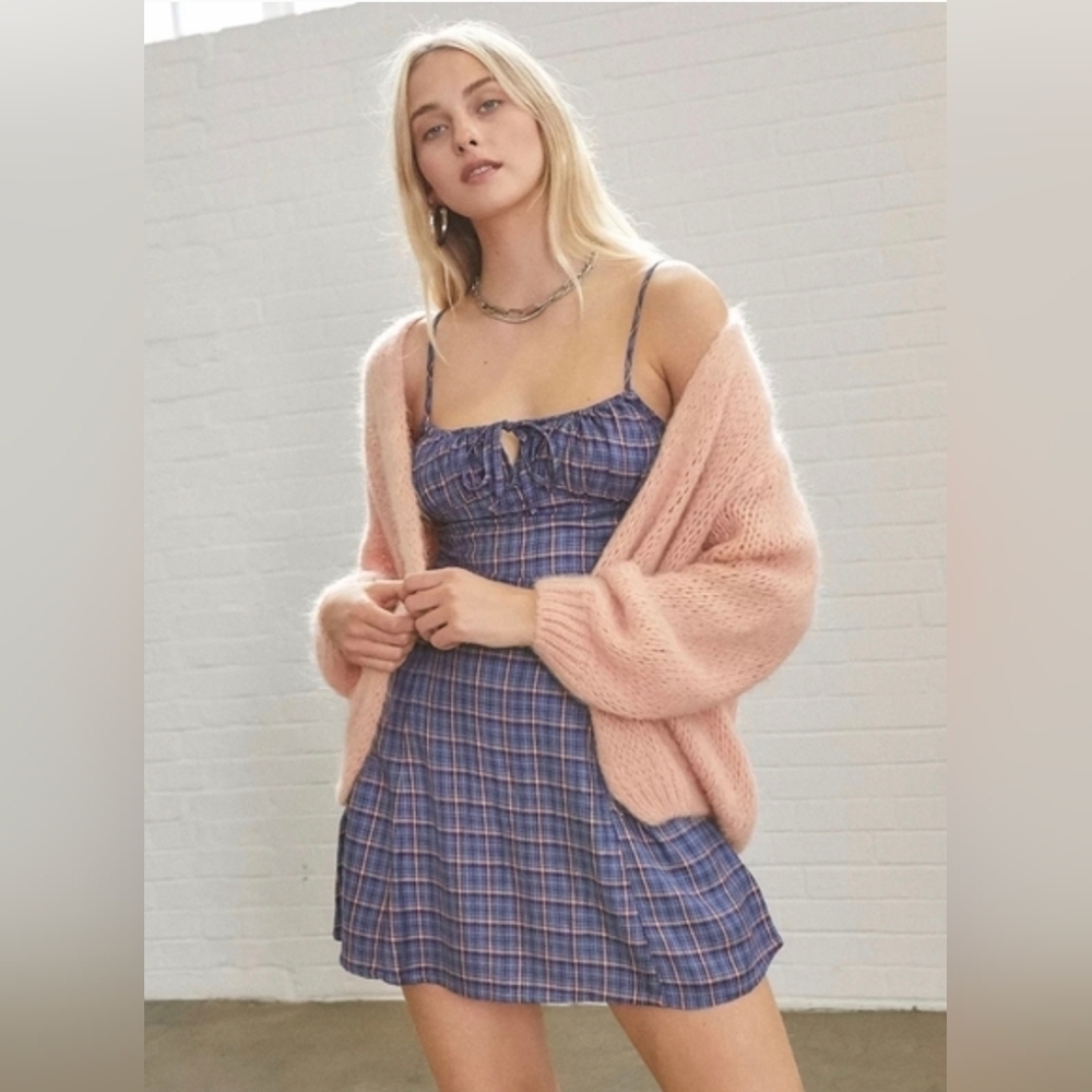 Urban Outfitters Kamaryn Fitted Bodice Tie Front Plaid Mini Dress Blue Size M